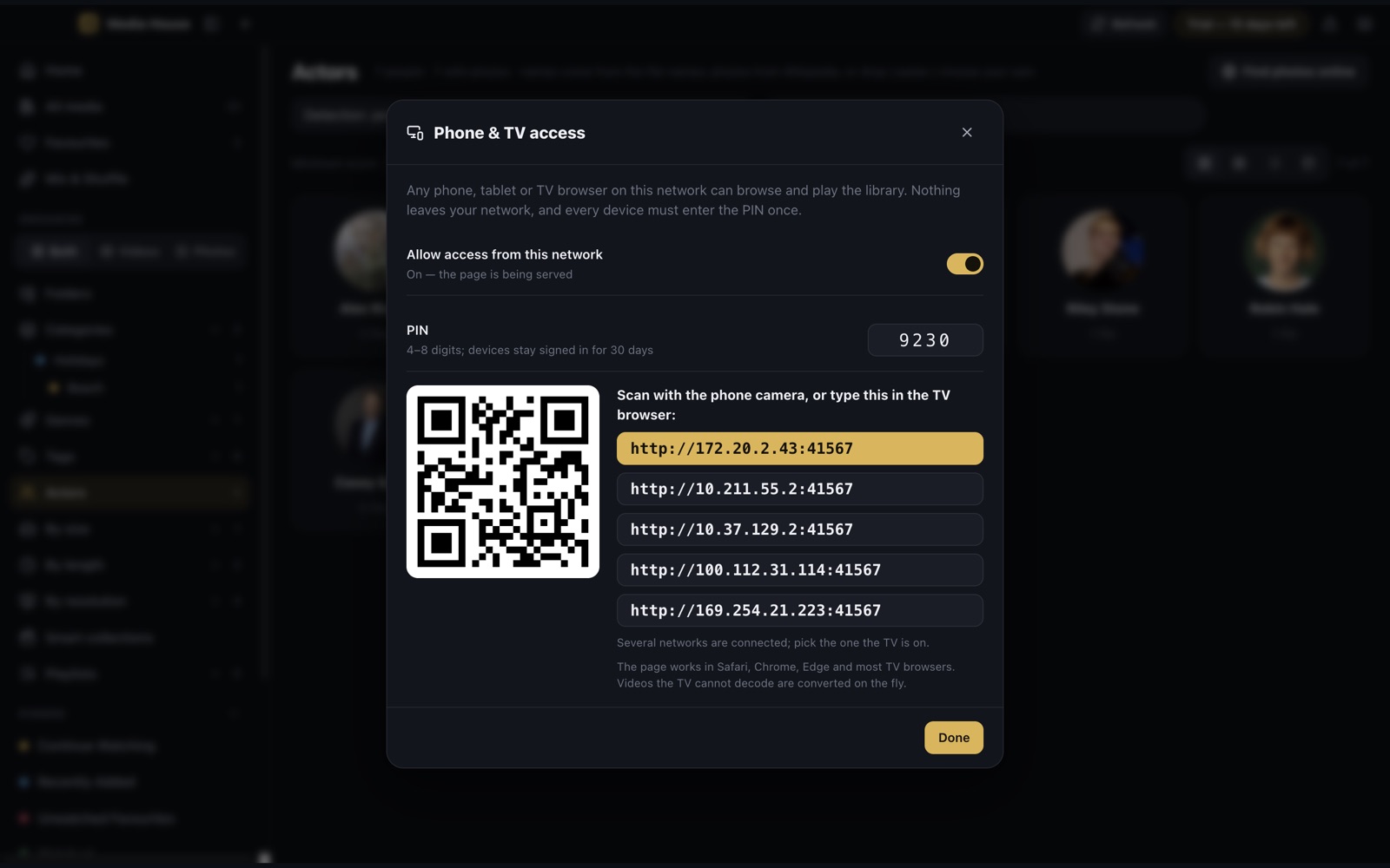 Phone and TV access with a QR code